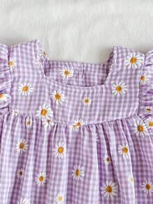 SHEIN Vintaside Kids 女童夏季黄色格子雏菊印花短袖迷你连衣裙，田园风格，清新图案，轻盈廓形，适合户外、休闲和派对穿着 - 彩色 - 查看 7