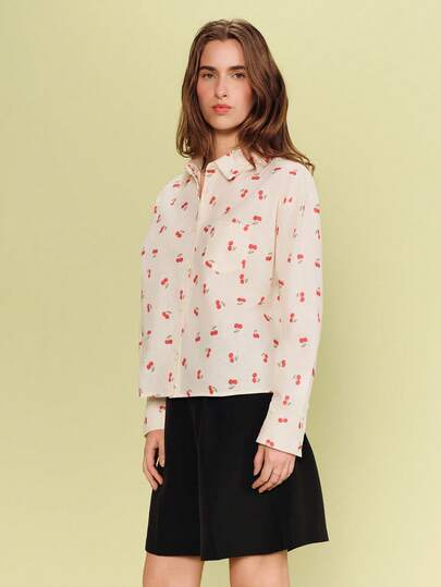 lacRébo Cream Relaxed-Fit Shirt With Cherry Print And Front Placket Cute Sping Summer Cherry Skirt Holiday Outfit Work Shirt Cute Summer Top French Style Shirt