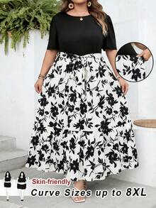 SHEIN CURVE+ 大码女式印花拼接休闲度假派对连衣裙 - 黑與白 - 查看 8