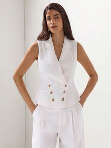 Briarwyn 新款女士休闲无袖衬衫，翻领双排扣设计 - 白色 - 查看 5