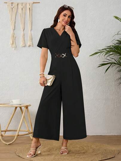 Mujer Mono de manga corta de unicolor y estilo minimalista, diseño de cadena de metal en la cintura,para uso diario