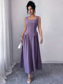 Elenzga Women's French Elegant Square Neck Fitted A-Line Pleated Hem Dress - Purple - View 3