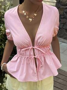 Livesso Countryside Style Holiday Easter Party Summer Vacation Pink Striped Petal Sleeve Tie Waist Women Blouse - Pink - View 5