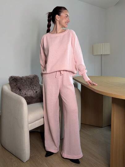 Abrilcols 粉色不对称领长袖上衣搭配抽绳腰长裤休闲针织套装