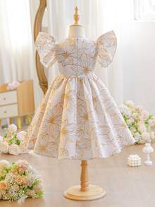 SHEIN 1 Paquete Vestido de niña joven casual, simple, hermoso, lindo y elegante con estampado floral de jacquard dorado, adecuado para fiestas de cumpleaños, fiestas de noche, actuaciones, bodas, bautizos, ceremonias de apertura, juegos, fiestas, sesiones de fotos, vacaciones, festivales, uso diario, viajes, primavera, otoño e invierno - Albaricoque - Ver 2