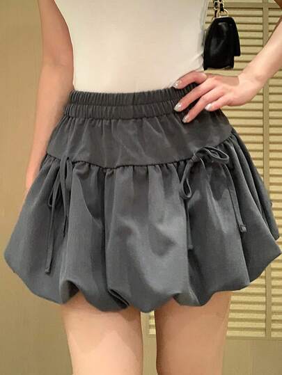DAZY Solid Color Elastic Waist Ruffle Skirt With Bow Tie, Casual Vacation Summer Skirt/Shorts For Women