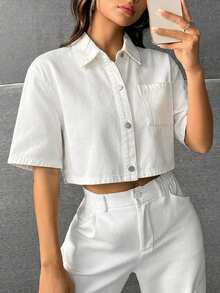 Camisa vaquera corta lavada informal para mujer - Blanco - Ver 6