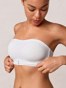 Veilyse Women Front Closure Strapless Bra Push Up Removable Padding Wireless Sexy Bandeau Tube Bra Comfort Tube Top Adjustable Anti Slip Rubber Strips Intimates Lingerie Black Basic Breathable Fabric Women Underwear ﻿ ﻿For Summerfor Summer - White - View 6