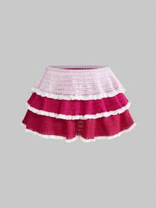 Sweetness Bộ áo len và chân váy dệt kim màu hồng cạp thấp, viền bèo nhún, phong cách lãng mạn cho kỳ nghỉ của phụ nữ. - Hồng - Xem 5
