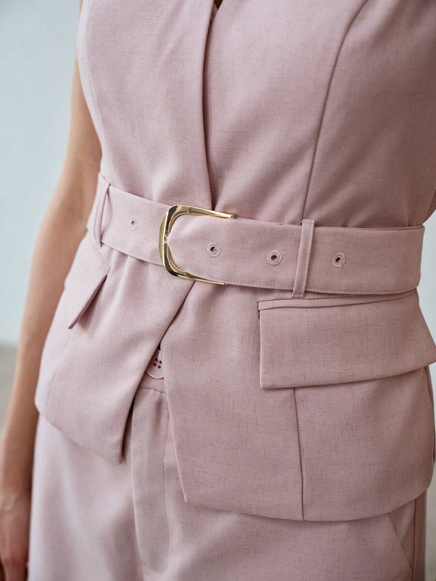 MOTF PREMIUM ELEGANT PINK LINEN BLEND METAL DECOR FITTED ROMANTIC CASUAL BLAZER - Purple - View 2