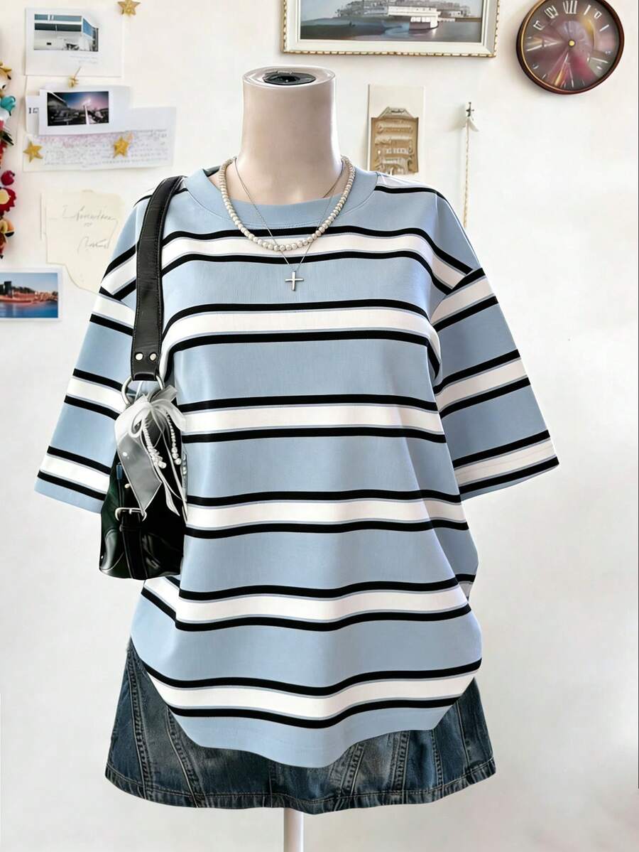 Lalippa Camiseta de cuello redondo de manga corta a rayas de moda para mujer, de verano - Multicolor - Ver 1