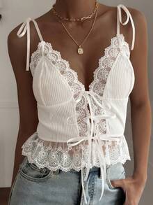 Áo tank top nữ dáng ôm, phối ren, thắt nơ, thích hợp cho mùa xuân và mùa hè. - trắng - Xem 1