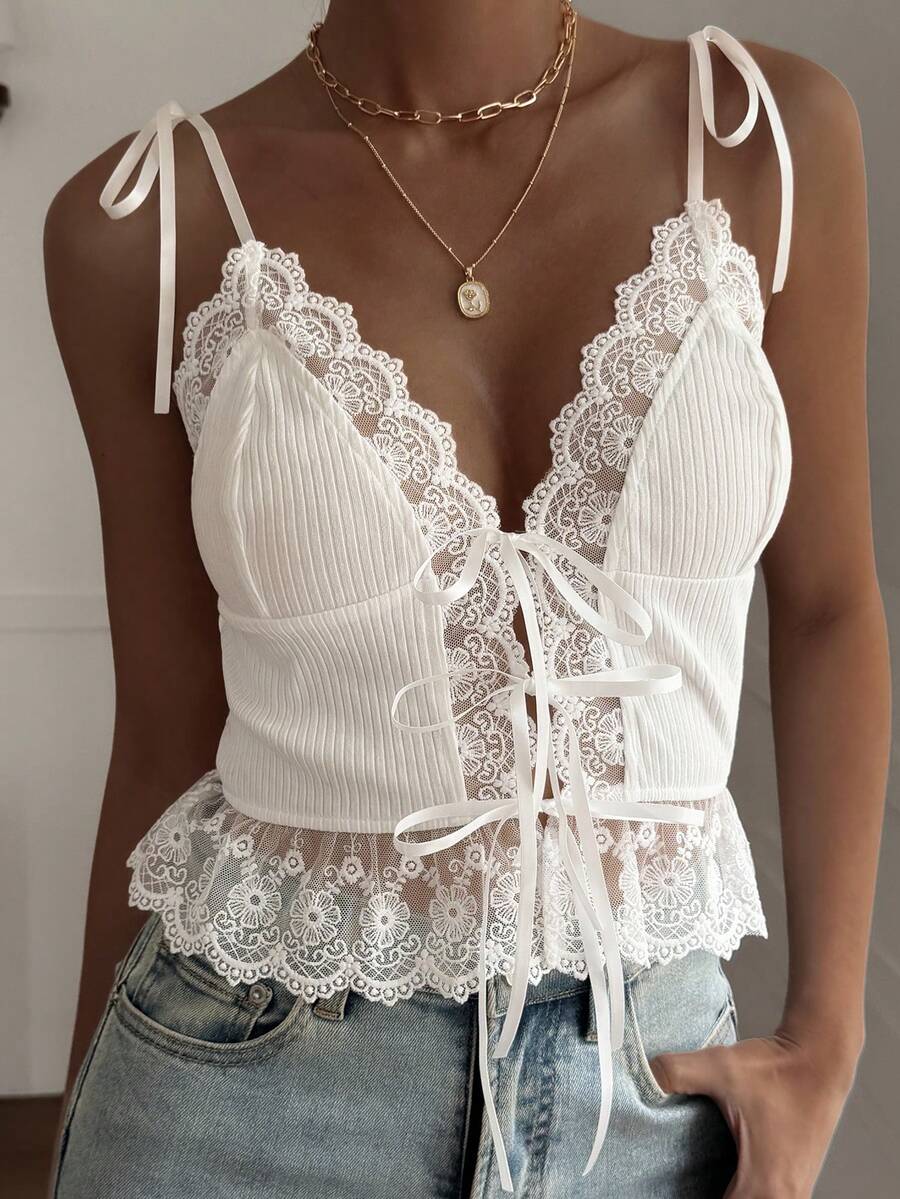 Áo tank top nữ dáng ôm, phối ren, thắt nơ, thích hợp cho mùa xuân và mùa hè. - trắng - Xem 1