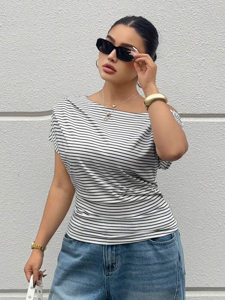 Dazy Plus Casual Striped Off-Shoulder Loose Fit Plus Size Women Short Sleeve T-Shirt, Spring/Summer