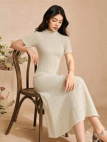 SHEIN Elegant Minimalist Turtleneck Shoulder Sleeve Short Sleeve Fitted Long Dress, Basic Fuzzy Ribbed Fabric, Suitable For Teen Girlin Spring And Summer - Apricot - View 1