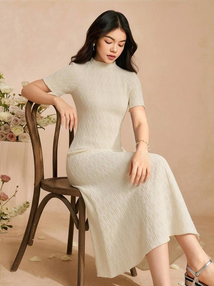 SHEIN Elegant Minimalist Turtleneck Shoulder Sleeve Short Sleeve Fitted Long Dress, Basic Fuzzy Ribbed Fabric, Suitable For Teen Girlin Spring And Summer - Apricot - View 1
