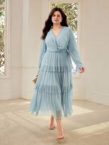 MOTF PREMIUM PLUS SIZE WOMEN'S LAYERED A-LINE PLEATED LONG DRESS, SPRING/SUMMER - Baby Blue - View 4