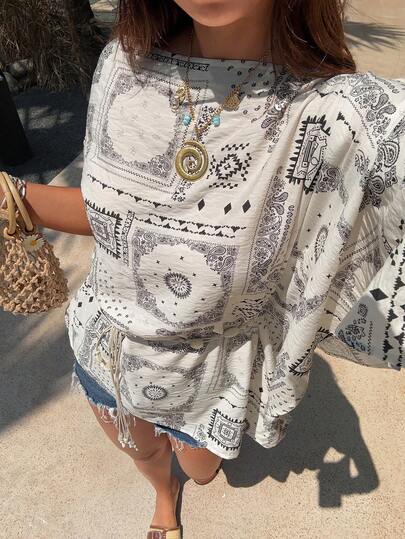 Livesso Áo kiểu tay ngắn in họa tiết, kiểu dáng thường ngày, thắt nơ phía trước dành cho nữ.