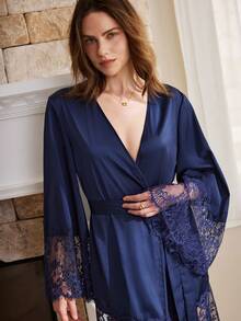 Women's Contrast Lace Elegant Long Sleeve Robe - Royal Blue - View 1