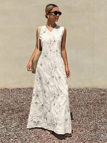 Livesso Summer Vacation Outfit White Sleeveless V-Neck Loose Embroidered Loose Mid-Length Dress For Women Sun Dresses For Women - Beige - View 3