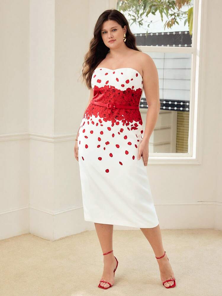 WOMEN'S PRINTED BANDEAU MID-LENGTH DRESS, SPRING/SUMMER