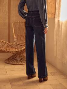 MOTF STUDIO 女士花卉刺绣阔腿牛仔裤 - 深色水洗藍 - 查看 6