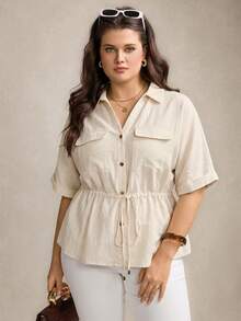 Comfylo Plus Size Women Drawstring Waist Short Sleeve Utility Pocket Loose Shirt - Apricot - View 4