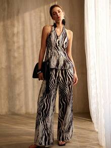 MOTF PREMIUM NEW LINEN WOMEN'S ZEBRA PRINT BACKLESS HALTER TOP - Brown - View 8