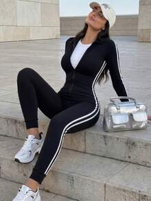 Mulvari Jumpsuits Dây kéo Sọc màu đen Thể thao - màu đen - Xem 1