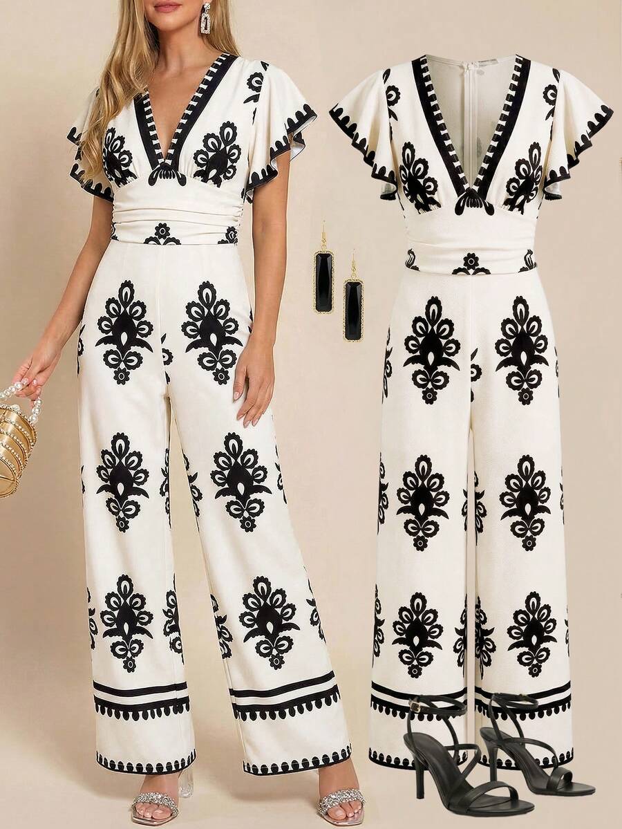 Solivie 女士优雅V领网纱银箔荷叶袖黑色连体裤，修身阔腿裤，适合春夏婚礼和派对穿着 - 杏色 - 查看 1