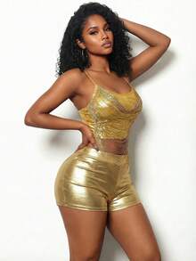 SHEIN BamGlam Áo tank top tua rua cổ trễ mới gợi cảm dành cho lễ hội âm nhạc - Vàng - Xem 5