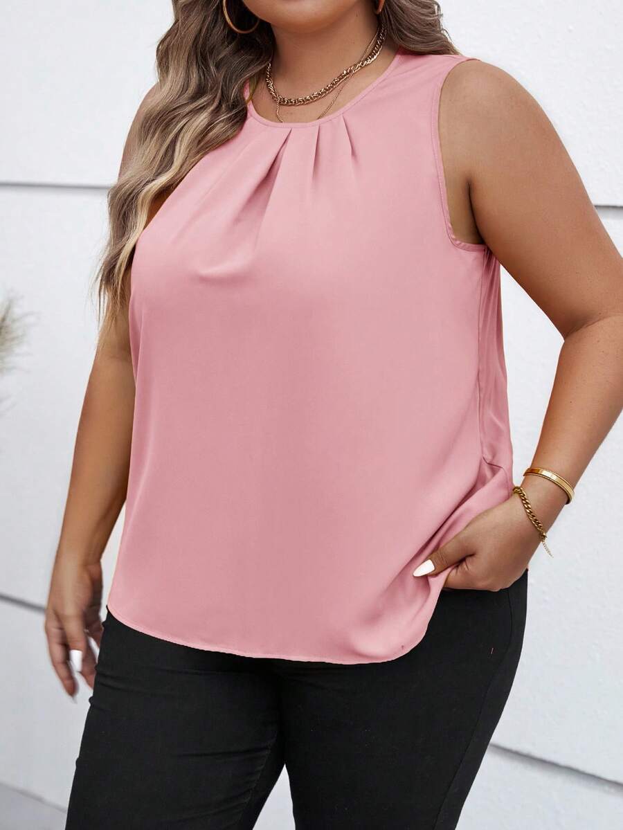 SHEIN Clasi Camisa casual sin mangas con pliegues de unicolor para mujer de talla grande - Rosa Pálido - Ver 1
