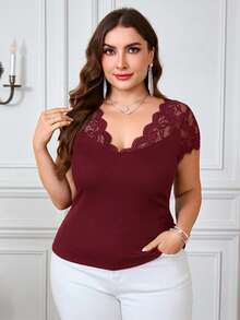 SHEIN Clasi Plus Size Women's Elegant Contrast Lace Solid Color V-Neck Slim Fit T-Shirt, Summer - Burgundy - View 6
