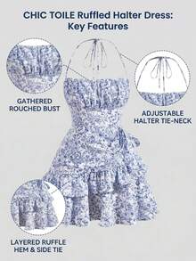 2026 New vestidos casual  Vestido corto de verano con estampado floral, volantes, lazo en la espalda, busto fruncido y cuello halter, vestidos de verano para mujer, vestido para té, vestidos - Burdeos - Ver 7