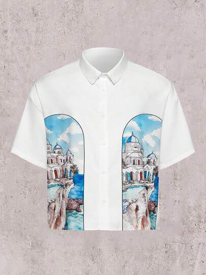 Skyrend Camisa de manga corta con corte holgado y estampado de acuarela abstracto con forma de arco de resort insular, esencial de moda para citas y reuniones, regalo ideal para el novio