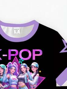 春夏女童休闲时尚创意个性清新简约酷炫虚拟少女团体五角星图案黑色背景撞色标语字母印花休闲基础款短袖T恤+骑行短裤套装，舒适百搭，适合春、夏、秋季穿着。 - 彩色 - 查看 7