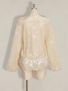 SHEIN ICON Y2K 女士沙滩度假外出 Coachella 俱乐部沙滩装串珠宽松镂空长袖衬衫，夏季 - 杏色 - 查看 11