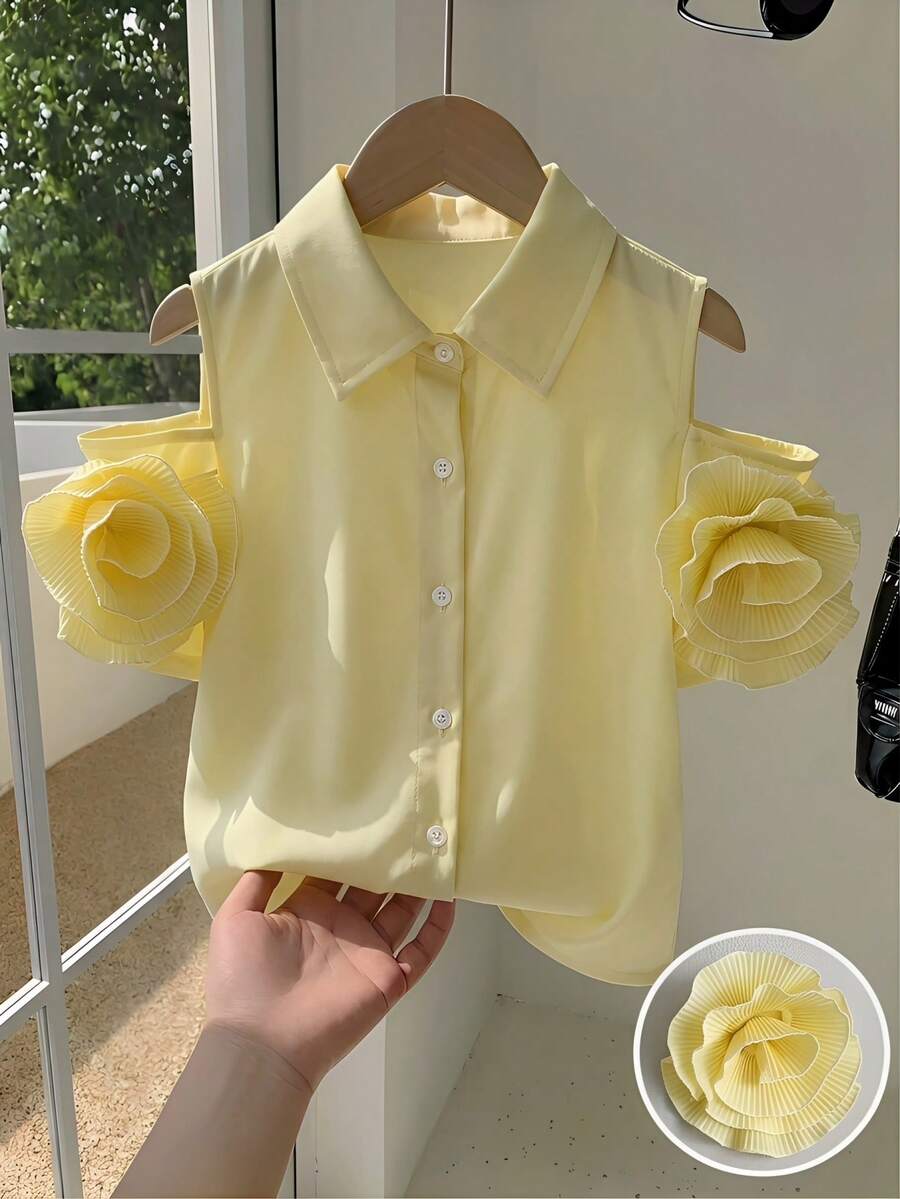 SHEIN Classic And Fashionable Elegant Woven Fabric Shirt For Girls With Special Decorative Flowers On The Sleeves, Eye-Catching Embellishment, Loose And Comfortable Fit, Suitable For Daily Commuting, Outdoor Play, And Wearing For Gatherings And Photo Shoots In Summer - Yellow - View 1