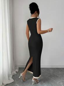 Elenzga Women Summer,Elegant,Office,Autumn,Black Beige,Knitted Texture Pit Stripes,Elastic Tight Waist-Cinching Dress,Metal Design,Color-Blocking Patchwork - Black - View 2