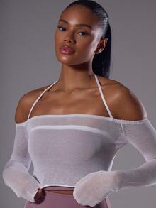 Musera Sport 透明露肩针织长袖吊带上衣，仅供健身、运动、普拉提、日常休闲穿着，芙蓉花色 - 白色 - 查看 2