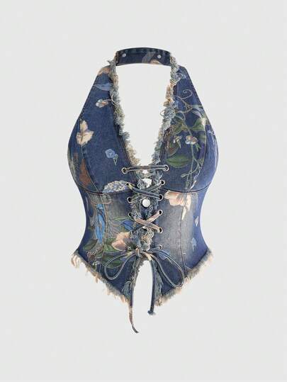 ROMWE Avant Áo sơ mi denim nữ kiểu vintage rách rưới, thắt nơ, in hoa, cỡ lớn.