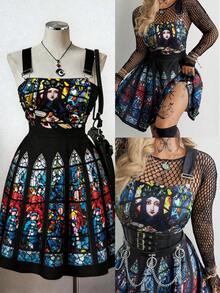 Flirla Plus Size Women Gothic Style Jesus & Virgin Mary Print Waist Cinched Short Suspender Dress - Multicolor - View 1