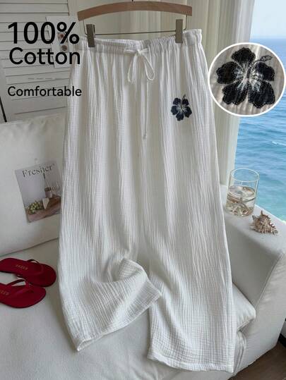 Comfortcana Quần ống rộng dáng suông bằng cotton thêu hoa, cỡ lớn, chất liệu thường ngày, có dây rút, chất liệu cotton, thích hợp cho mùa xuân/hè.