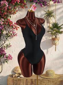 Amplova 1 bộ áo tắm liền thân gợi cảm hở lưng, dây chéo, thích hợp cho kỳ nghỉ. - màu đen - Xem 5