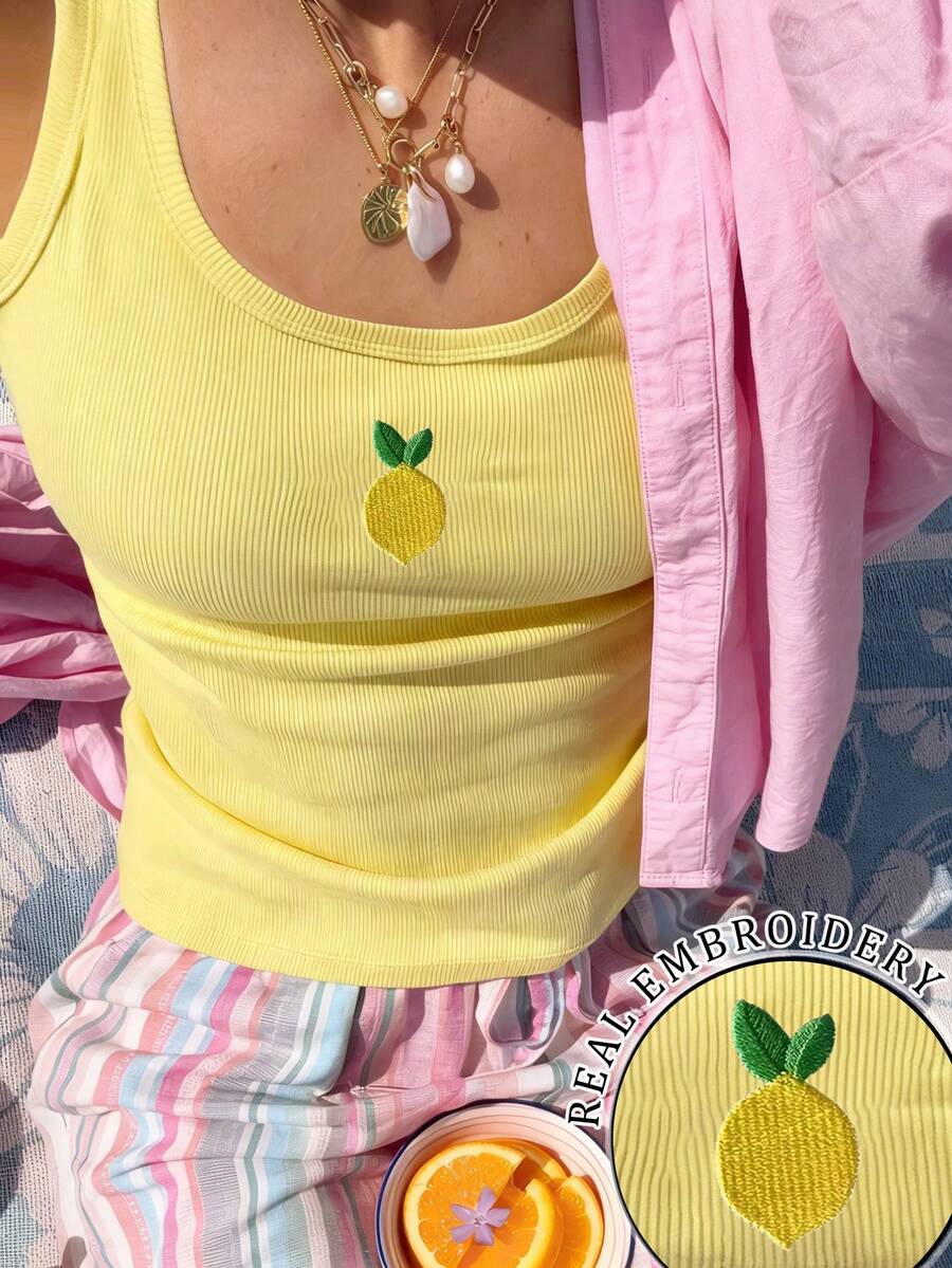 EMERY ROSE Women's Casual Lemon Embroidery Fitted Tank Top, Suitable For Summer Holiday, Daily Commute - Multicolor - View 1