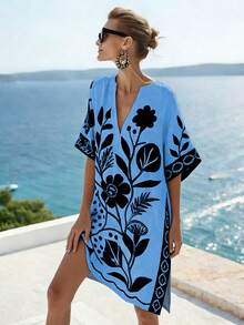 SHEIN Holidaya Đầm chữ A dáng rộng, tay ngắn, cổ chữ V, màu be và đen tối giản, in họa tiết hoa, đa năng cho cả công sở và thường ngày, kiểu dáng tôn dáng, trang trí họa tiết hoa. - Màu xanh lam - Xem 1