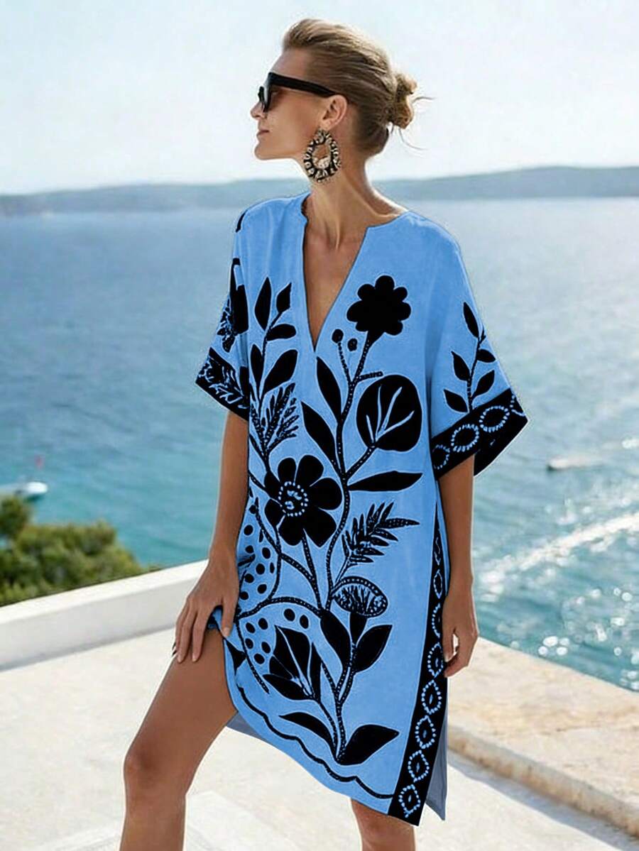 SHEIN Holidaya Đầm chữ A dáng rộng, tay ngắn, cổ chữ V, màu be và đen tối giản, in họa tiết hoa, đa năng cho cả công sở và thường ngày, kiểu dáng tôn dáng, trang trí họa tiết hoa. - Màu xanh lam - Xem 1