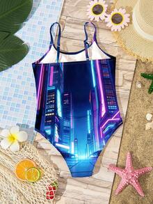 SHEIN Áo tắm liền thân in hình cô gái anime KPOP thời trang, hình hoạt hình cô gái K-POP, kiểu dáng tối giản, phù hợp cho mùa hè. - Nhiều màu - Xem 2