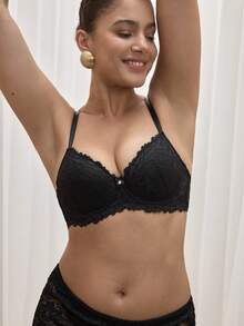 Floral Lace Underwire Bra Lingerie - Black - View 4