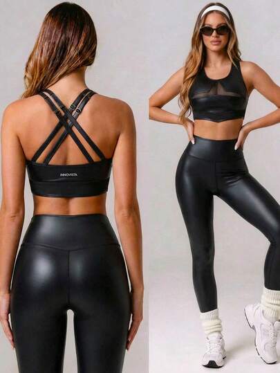 Innovista Bộ đồ thể thao nữ màu trơn chất liệu lưới và da PU gồm áo ngực và quần legging, áo ngực thể thao và quần legging, dây đeo PU màu đen, 2 món, chất liệu PU co giãn bóng, lưới khoét phía trước, dây đeo chéo nhiều lớp có thể điều chỉnh ở phía sau, cạp cao ôm sát giúp định hình vóc dáng | Tập luyện HIIT | Phong cách thể thao Gymtok